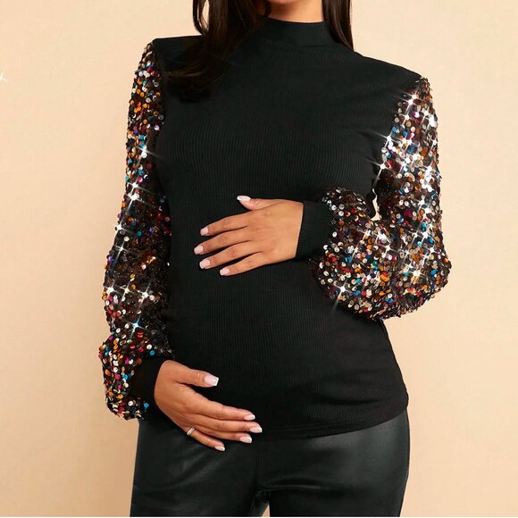 Maternity Mock Neck Contrast Sequin Top - Picture 1 of 2